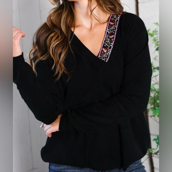 Black V-Neck Long Sleeve Sweater with Sequined Trim - Picture 1 of 4